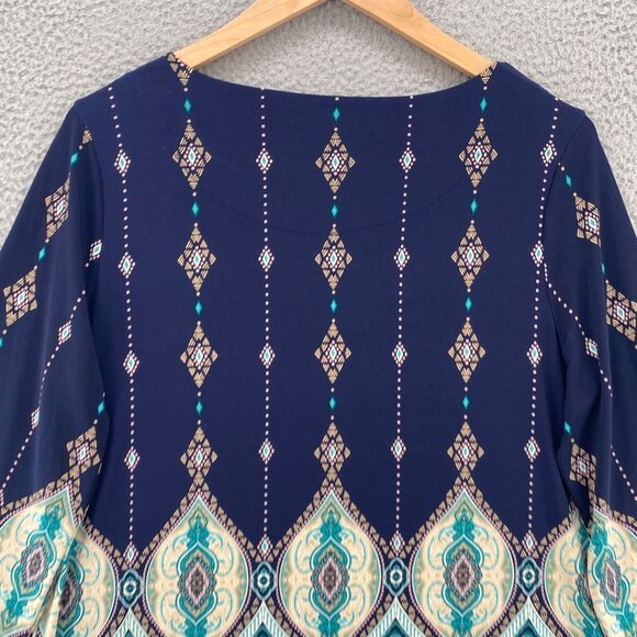 Chicos Top Womens 2 US Large Navy Multi Batik Print Tunic 3/4 Sleeves Stretch - Picture 4 of 11